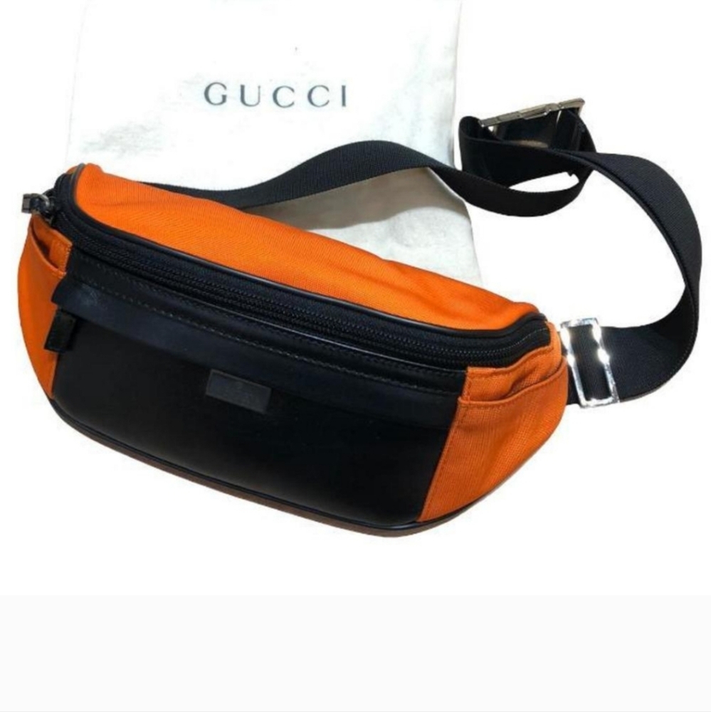 SOLD GUCCI Gucci Waist Bag Body Logo Plate Nylon x Leather Orange Black 1610